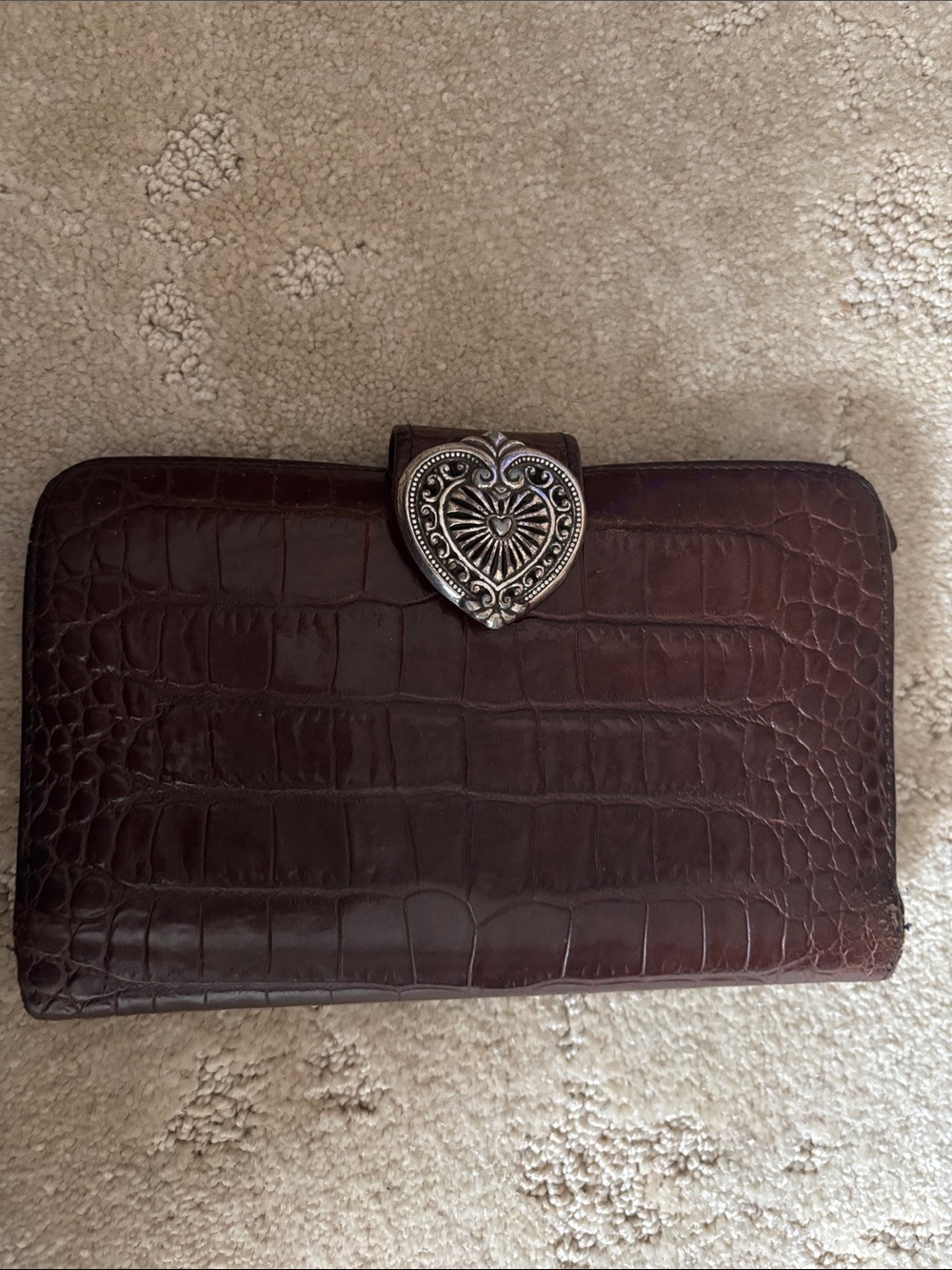 Brighton Vintage Croc Embossed Leather Organizer Wallet - Silver Heart Clasp